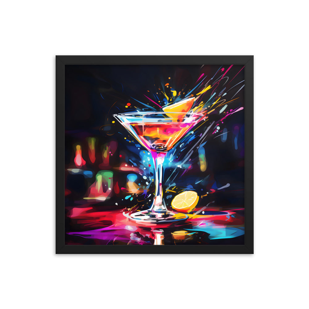Framed Print Artwork Bar/Night Life Art Bright Neon Splashes Surrounding A Martini Glass Full Of Alcohol Framed Poster Painting Alcohol Art Iced Drink Close Up 16x16"