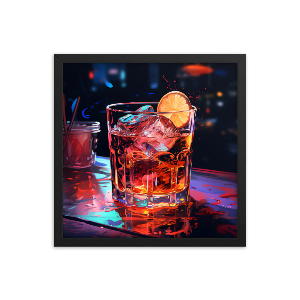 Framed Print Artwork Alcohol And Night Life Bar Art Alcoholic Drink With Ice And Lemon Slice Framed Poster Neon Light Bar Artwork 16x16"