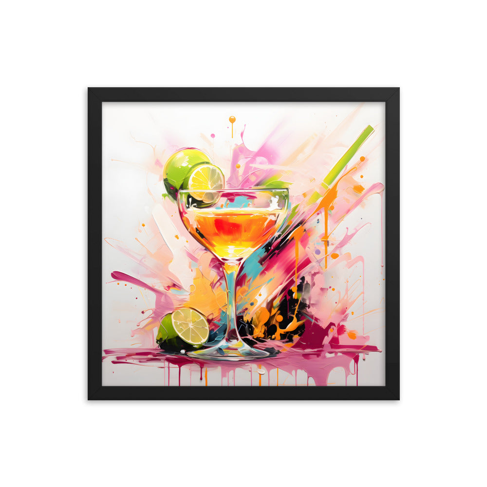 Framed Print Vibrant Alcohol Artwork Lime Slices Lining A Champagne Glass Splashes Of Vibrant Colors Span The Background Attention Grabbing Conversation Starter Framed Poster 16x16"