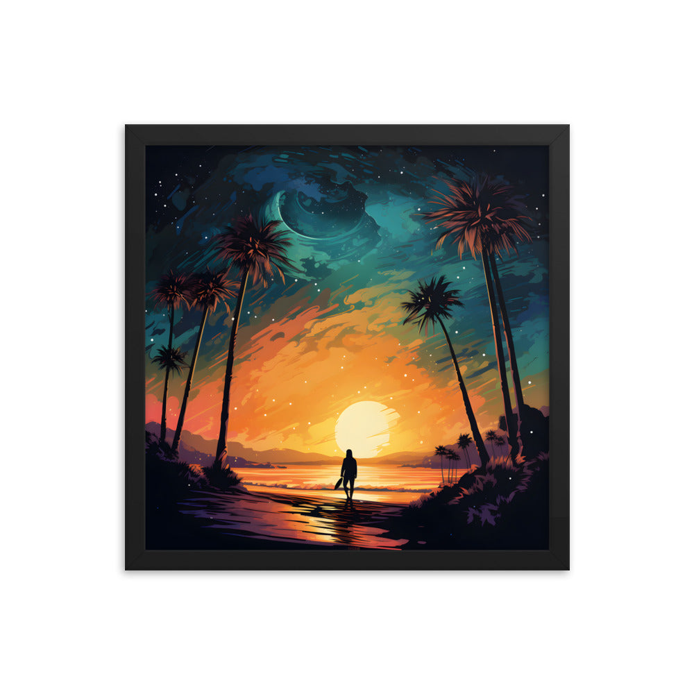 Framed Print Lifestyle/Ocean Side Artwork Smooth Ocean Water Dark Sunset Palm Tree Silhouettes Line The Pathway Large Sun Setting In Line With Perspective Moon Lit Star Filled Night Sky Framed Poster Artwork 16x16"