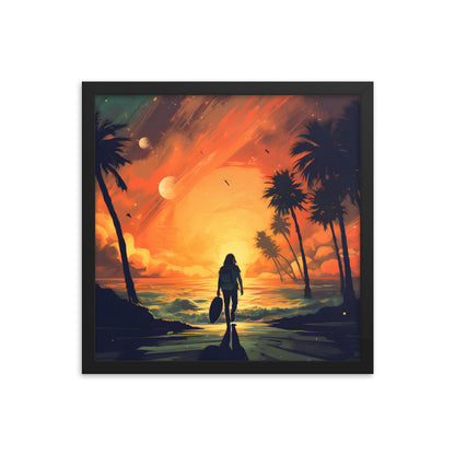 Framed Print Artwork Beach Ocean Surfing Warm Suns Set Art Surfer Walking Down To The Beach Holding Surfboard Palm Tree Silhouettes Sets The Tone Framed Poster Artwork