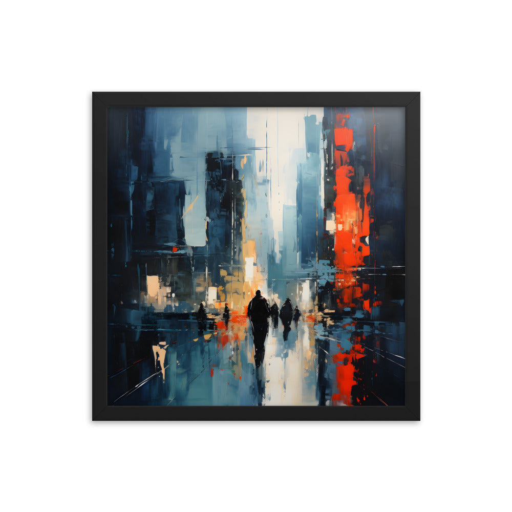 Framed Print Abstract Urban Mystique Conversation Starter Framed Poster Busy City Streets People Walking Through A City With Large Buildings 16x16"