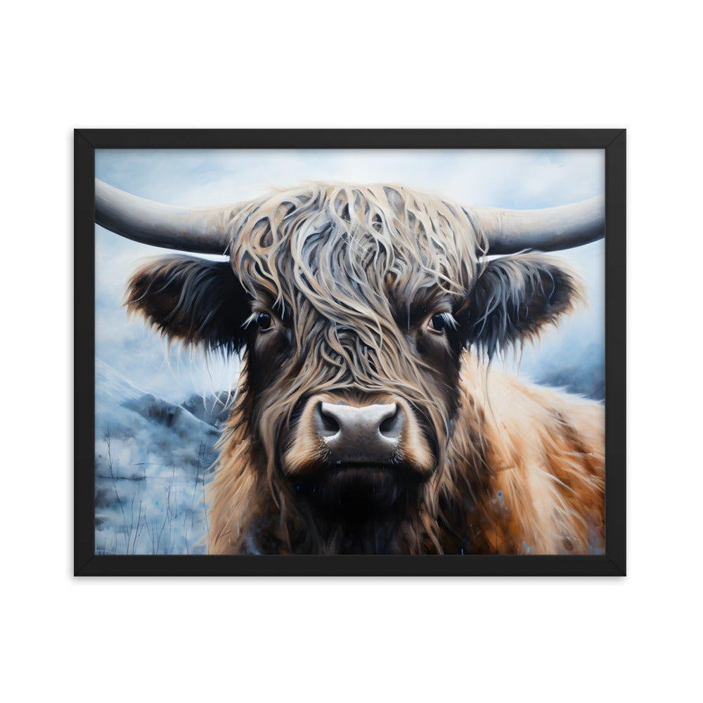 Framed Print Poster Artwork Strong Stunning Highlander Bull Emotional Staring Into The Viewer Captivating Highly Detailed Painting Style 16x20"