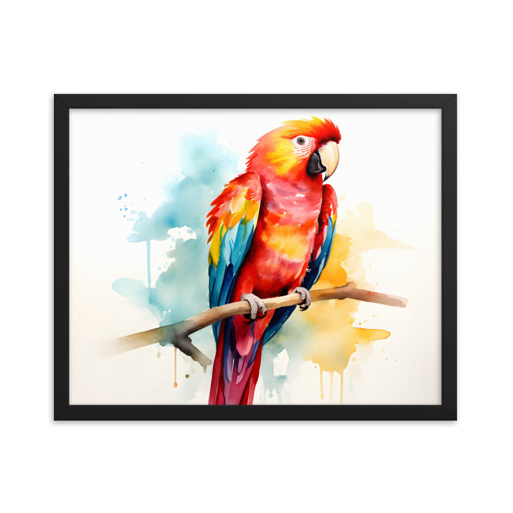 Framed Print Poster Artwork Bright Red Parrot With Rainbow Wings Perched On A Tree Branch Nature Influenced Water Color Painting Style 16x20"