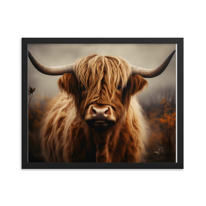 Framed Print Artwork Strong Stunning Dull Dark Gloomy Fierce Fire Highlander Bull Warm Fiery Background Emotional Staring Into The Viewer Captivating Highly Detailed Painting Style Perfect To Warm Up A Homestead Or Country Home Framed Poster 16x20"