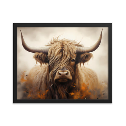 Framed Print Artwork Strong Stunning Highlander Bull Warm Fiery Flames Emotional Stylish Bull Staring Into The Viewer Captivating Highly Detailed Painting Style Perfect To Warm Up A Homestead Or Country Home Framed Poster 16x20"