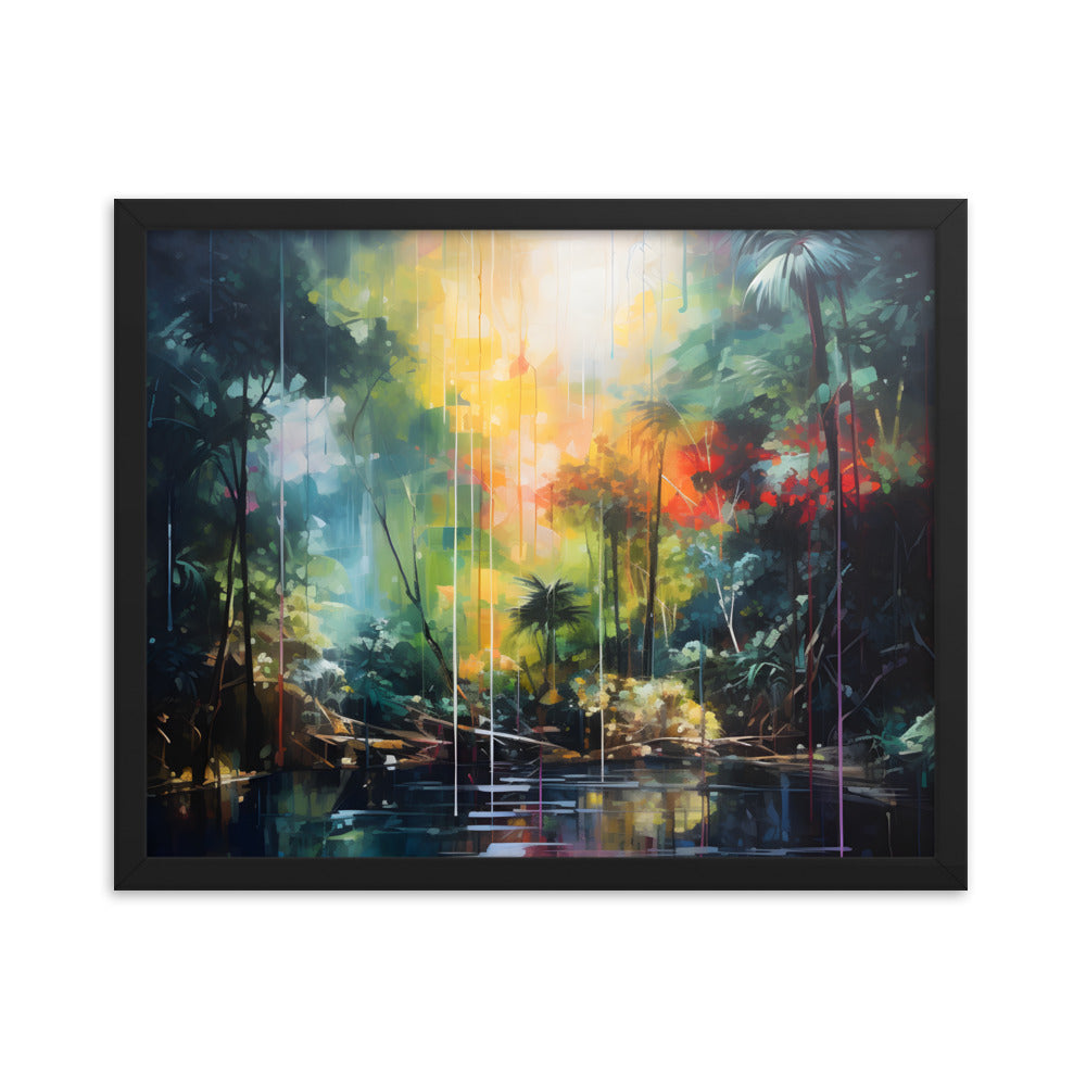Framed Print Abstract Artwork Bright Vibrant Colorful Rainbow Jungle Behind A Pond Oil Painting Style Abstract Art Framed Poster Nature 16x20"