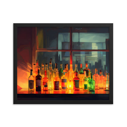 Framed Print Artwork Alcohol Bar Night Life Vibrant Colorful Well Lit Bar With Alcohol Bottles Lined Up Party Drinking Lifestyle Framed Poster 16x20"