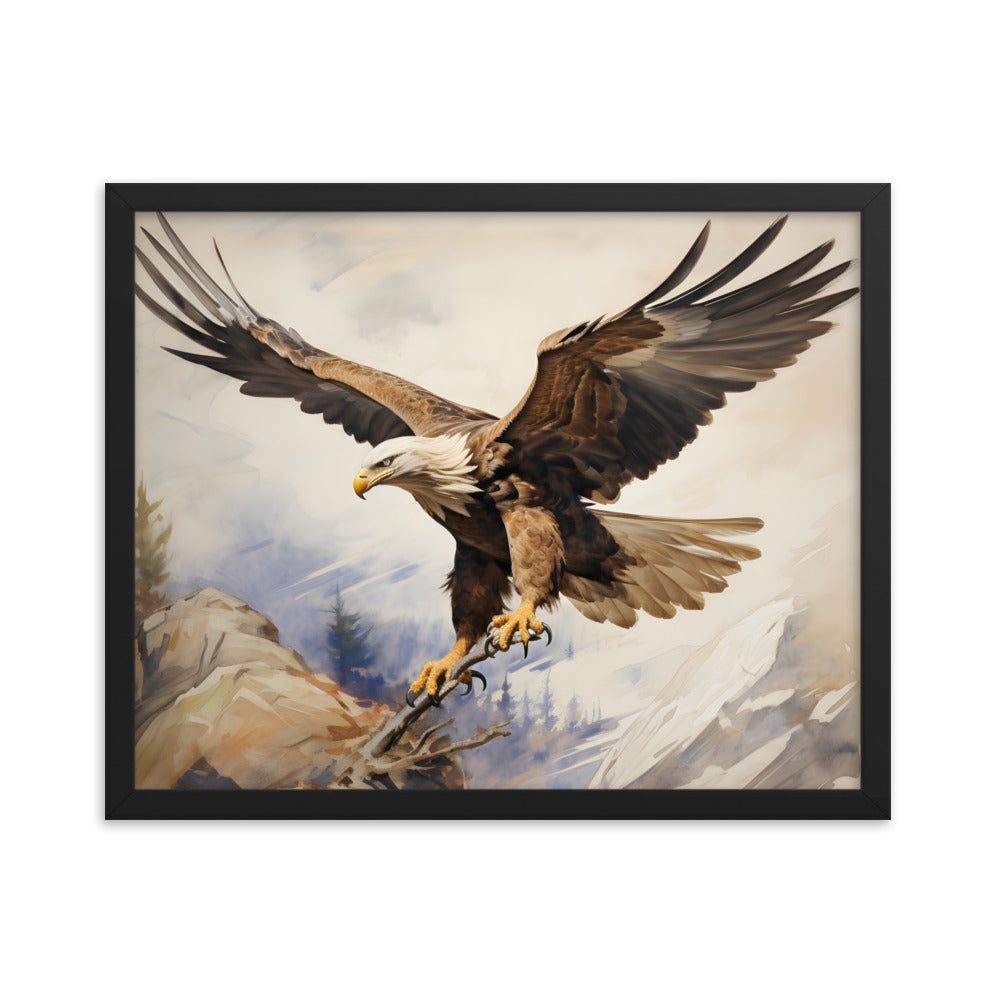 Framed Artwork Strong Soaring Bald Eagle Snowy Mountains Detailed Painting 16x20"