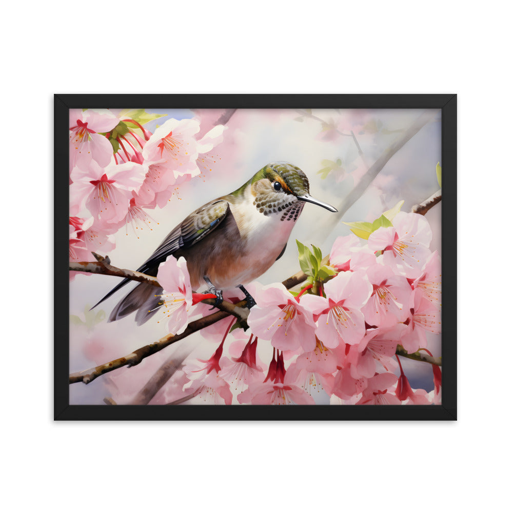 Framed Print Artwork Humming Bird Perched On Tree Branch Amongst Cherry Blossoms Framed Poster Artwork 16x20"