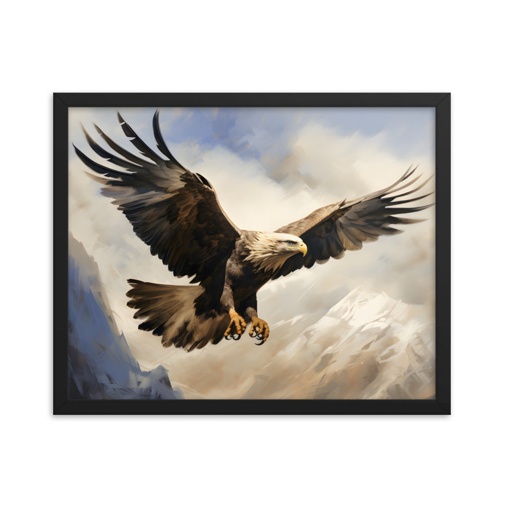 Framed Artwork Print Strong Soaring Bald Eagle Snowy Mountains Detailed Painting, Large Wing Span Mid Flight Ready To Swoop 16x20"