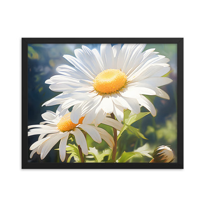 Framed Print Double Daisy Realistic Oil Painting Nature Inspired Artwork Stunning Sunlit Twin Daisy Blooming Oil Painting Style 16x20"