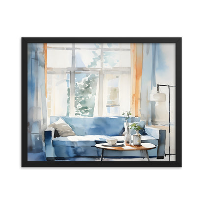 Framed Print Artwork Water Color Style Home Decor Large Windows Sun Lit Room Light Cool Colors Water Color Style Interior Design Lifestyle Framed Poster 16x20"