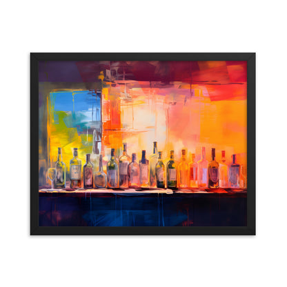 Framed Print Artwork Alcohol Bar Filled With Bottles Of Alcohol Night Life Vibrant Oil Painting Style Colorful Party Drinking Lifestyle Framed Poster 16x20"
