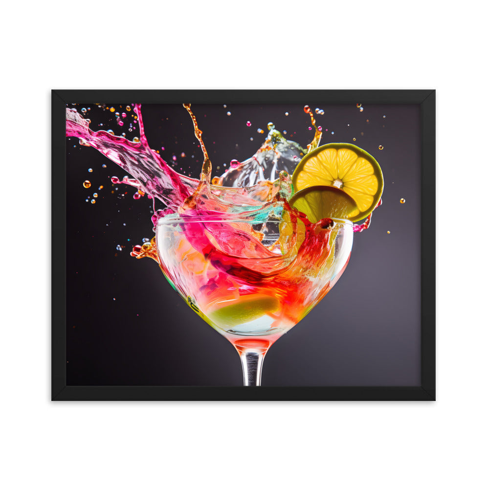 Framed Print Artwork Bright Colorful Cocktail Splashing Out Of The Glass Framed Poster Painting Alcohol Art 16x20"