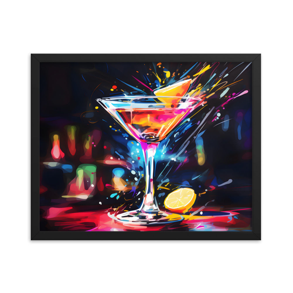 Framed Print Artwork Bar/Night Life Art Bright Neon Splashes Surrounding A Martini Glass Full Of Alcohol Framed Poster Painting Alcohol Art Iced Drink Close Up 16x20"