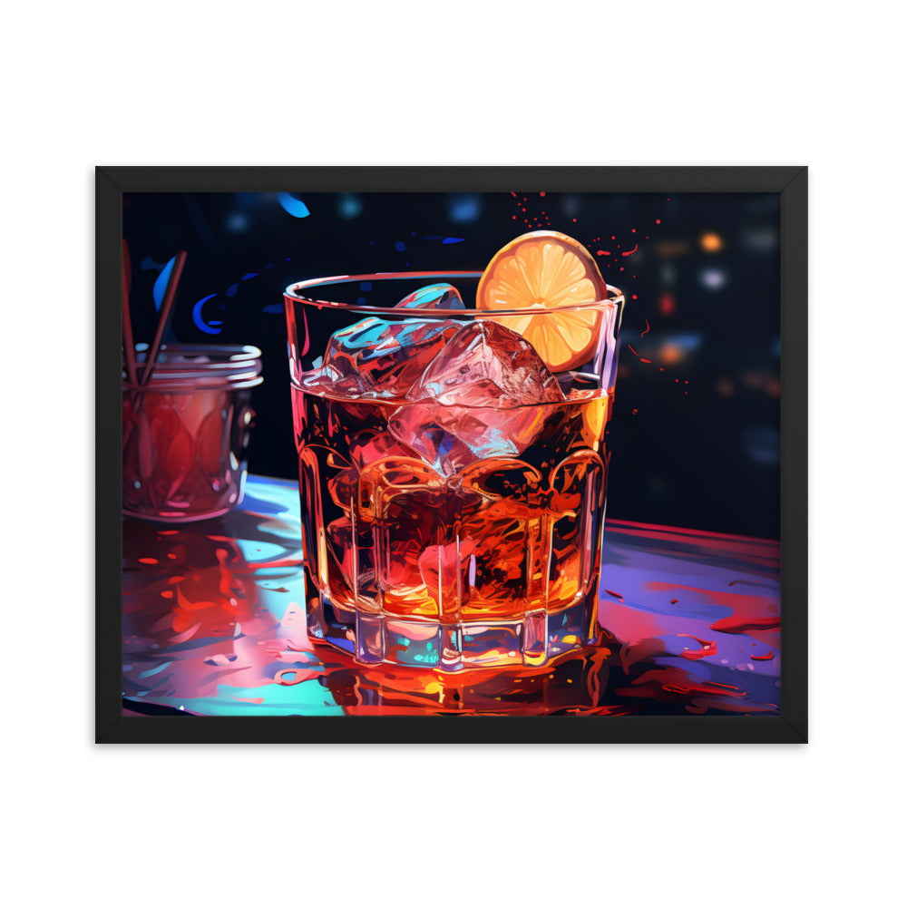 Framed Print Artwork Alcohol And Night Life Bar Art Alcoholic Drink With Ice And Lemon Slice Framed Poster Neon Light Bar Artwork 16x20"