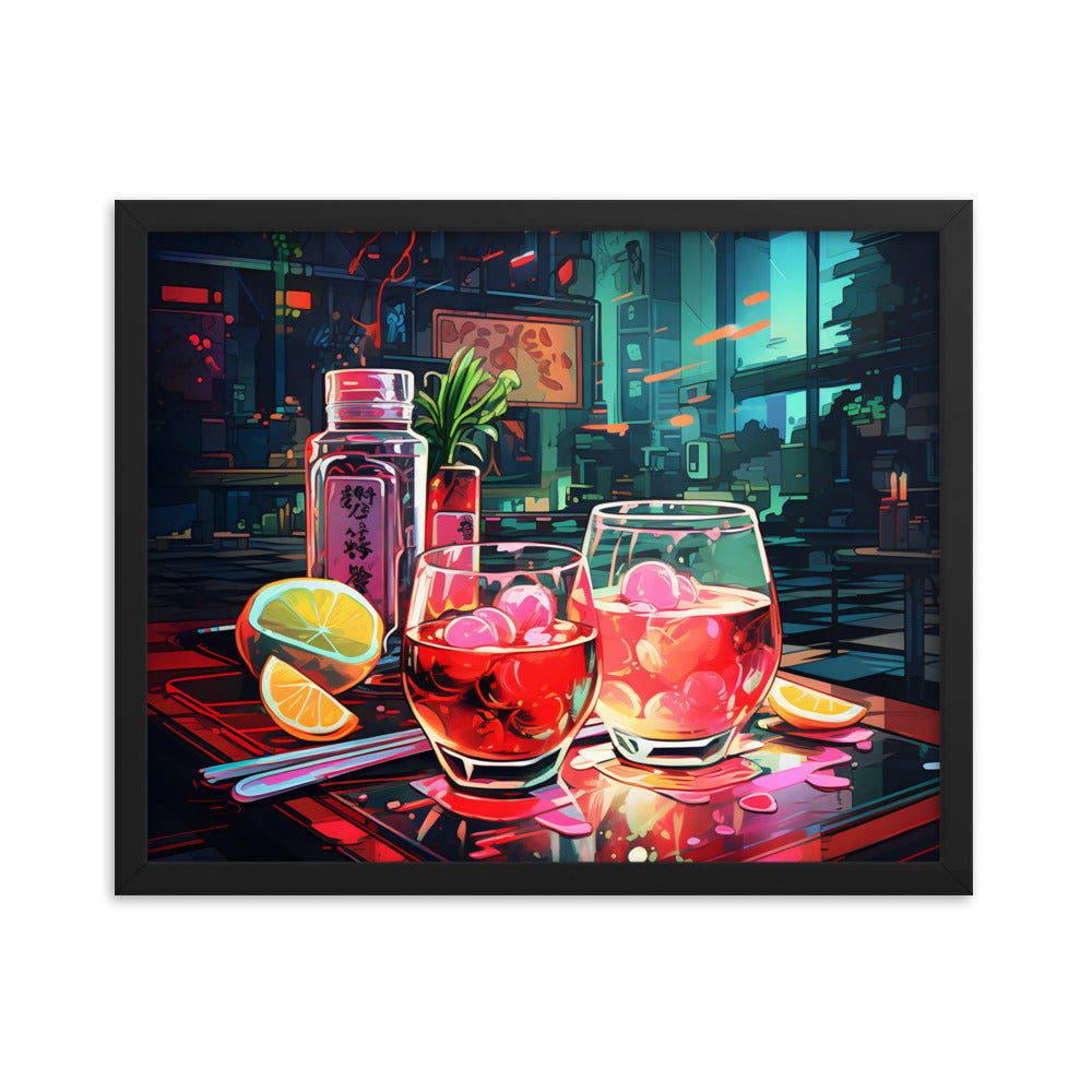 Framed Print Artwork Japanese Manga Style Alcohol And Night Life Bar Art Alcoholic Drink With Ice And Lemon Slice Framed Poster Neon Light Bar Artwork Urban Setting Lifestyle 16x20"