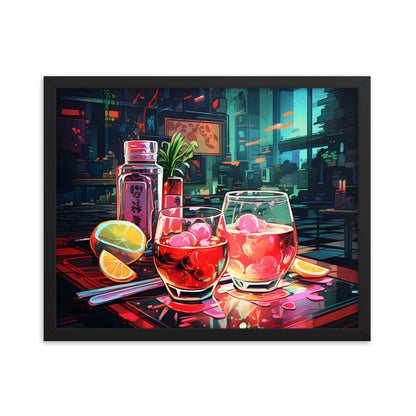 Framed Print Artwork Japanese Manga Style Alcohol And Night Life Bar Art Alcoholic Drink With Ice And Lemon Slice Framed Poster Neon Light Bar Artwork Urban Setting Lifestyle 16x20"