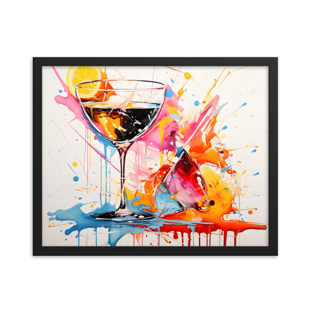 Framed Print Artwork Bright Colorful Cocktail Splashing Out Of The Glass Lemon Slices Lining Champagne Glass Vibrant Bright Drink Inside Glass White Background Attention Grabbing Art Piece Framed Poster Painting Alcohol Art 16x20"