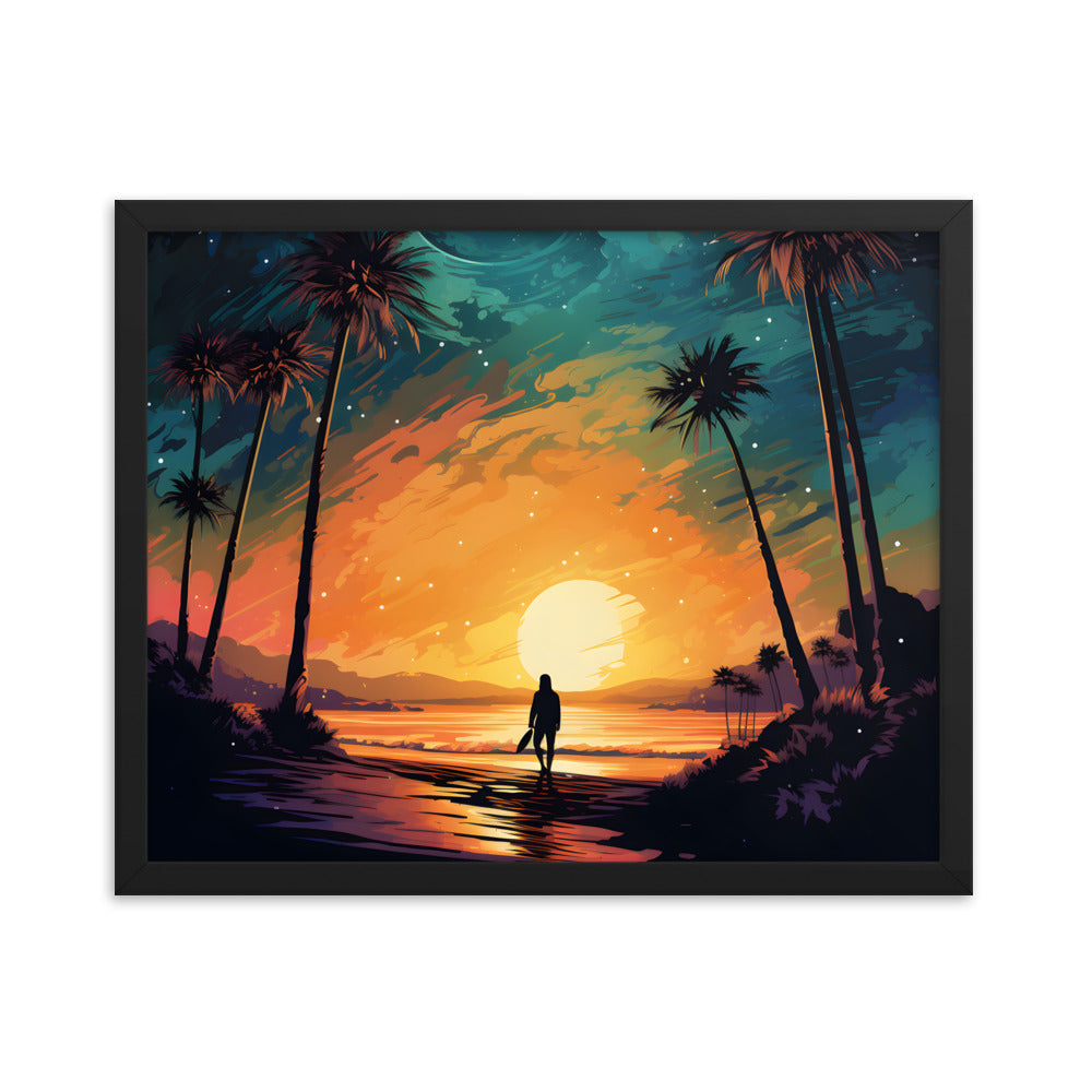 Framed Print Lifestyle/Ocean Side Artwork Smooth Ocean Water Dark Sunset Palm Tree Silhouettes Line The Pathway Large Sun Setting In Line With Perspective Moon Lit Star Filled Night Sky Framed Poster Artwork 16x20"