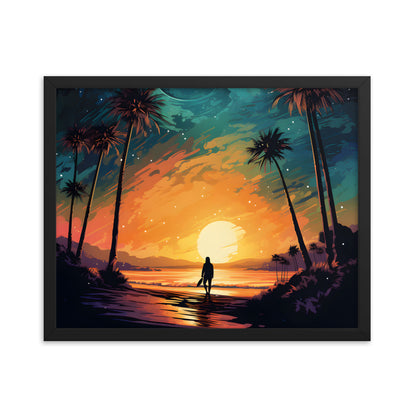 Framed Print Lifestyle/Ocean Side Artwork Smooth Ocean Water Dark Sunset Palm Tree Silhouettes Line The Pathway Large Sun Setting In Line With Perspective Moon Lit Star Filled Night Sky Framed Poster Artwork 16x20"