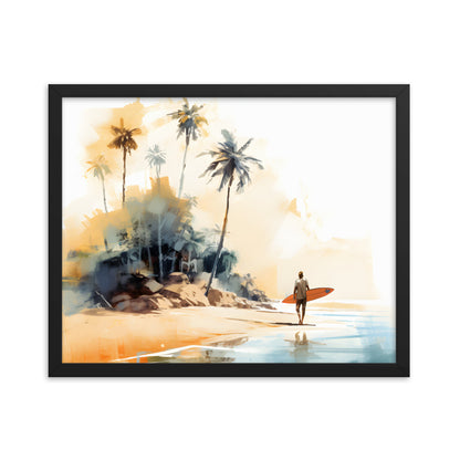 Framed Print Artwork Beach Ocean Surfing Art Surfer Walking Up The Beach Holding Surfboard Palm Trees Sets The Tone Framed Poster Artwork 16x20"