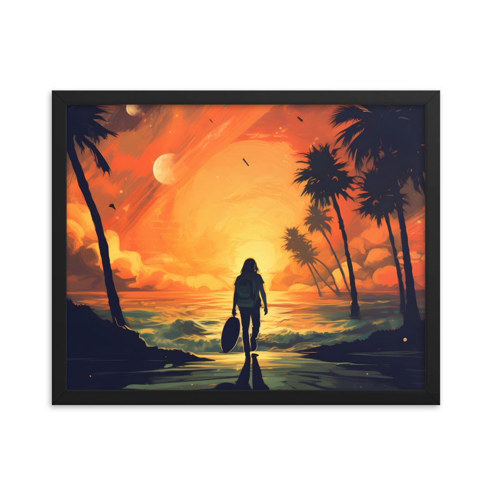 Framed Print Artwork Beach Ocean Surfing Warm Suns Set Art Surfer Walking Down To The Beach Holding Surfboard Palm Tree Silhouettes Sets The Tone Framed Poster Artwork