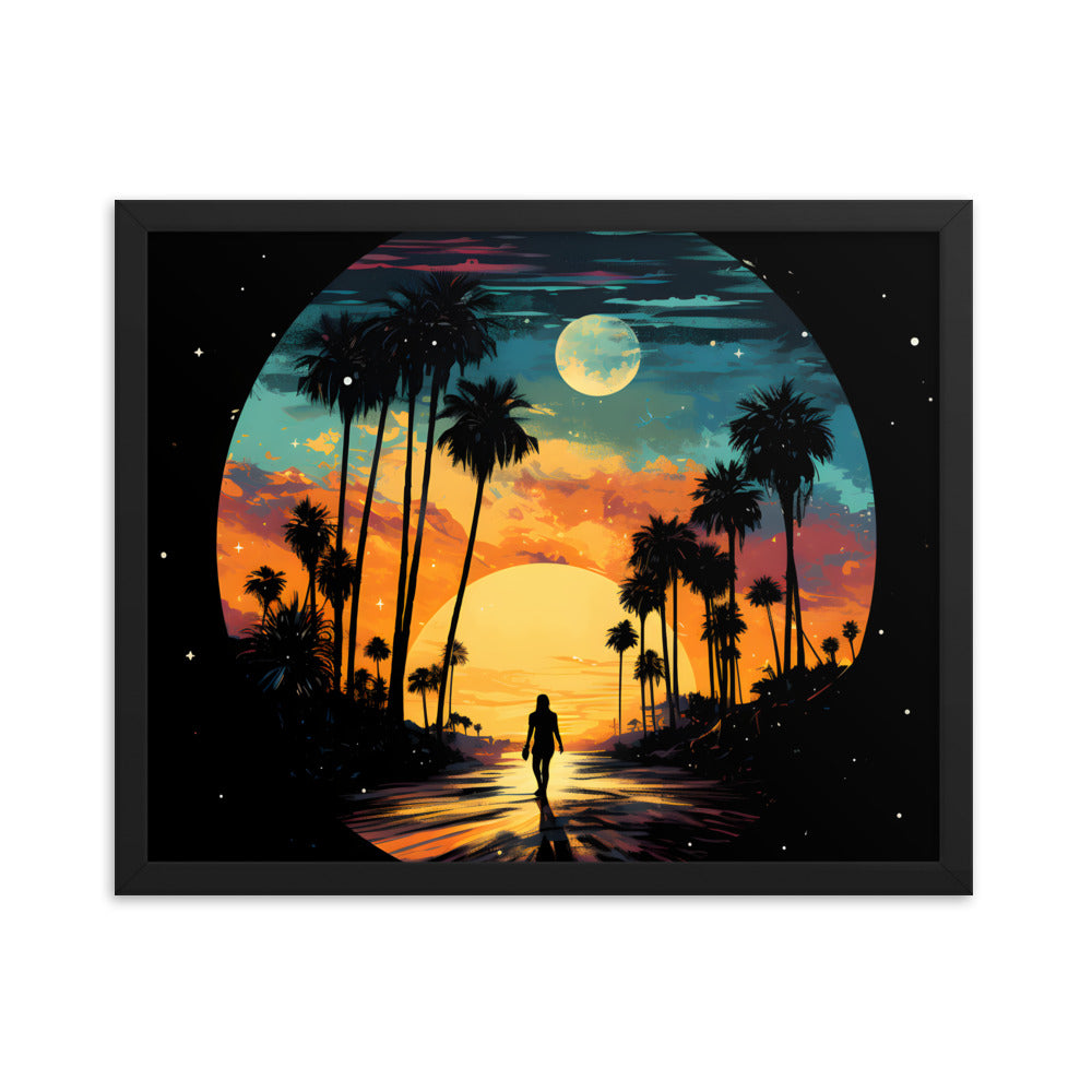 Framed Print Lifestyle/Ocean Side Artwork Dark Sunset Palm Tree Silhouettes Line The Pathway Large Sun Setting In Line With Perspective Moon Lit Star Filled Night Sky Framed Print Artwork 16x20"