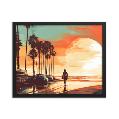 Framed Print artwork sunset watercolor oceanside framed painting Warm Colors Vintage Cars And A Large Sun Setting Into The Horizon Framed Print Artwork 16x20"