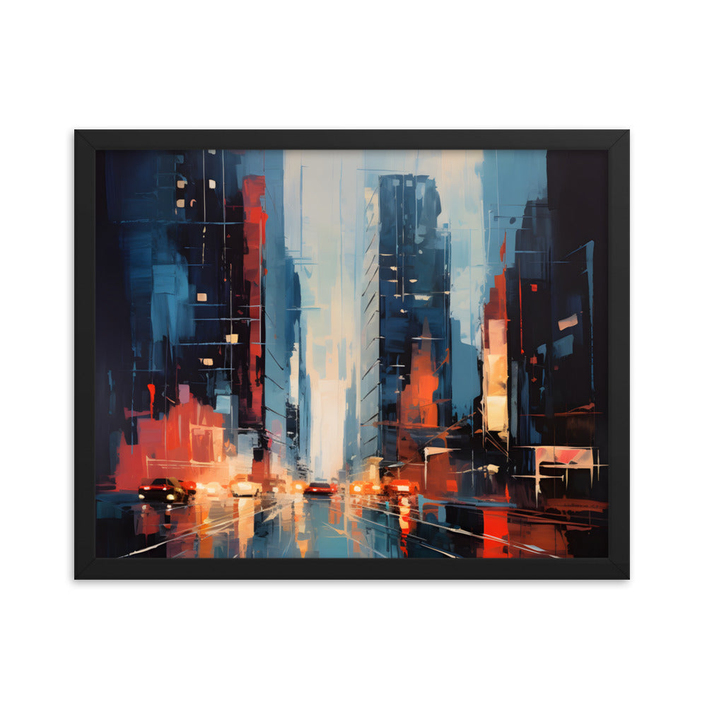 Framed Print Abstract Urban Mystique Dense City Art Cars Driving Through City Conversation Starter Framed Poster Busy City Streets People Walking Through A City With Large Buildings 16x20"
