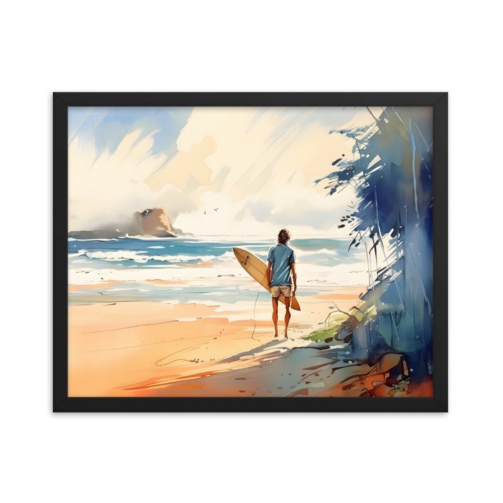Framed Poster Beach Ocean Lifestyle Watercolor Style Painting Framed Artwork Print Surfer Looking Out For the Perfect Spot 16x20 inch horizontal