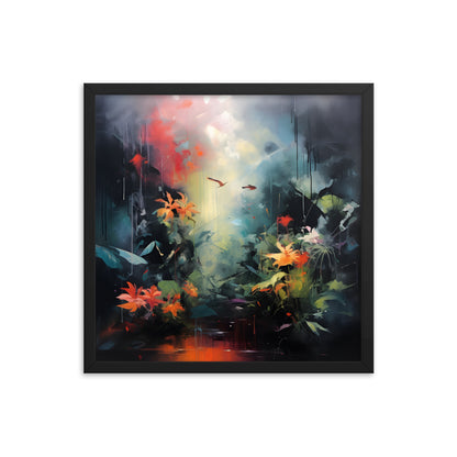 Framed Print Abstract Artwork Bright Vibrant Colorful Jungle Scene Moody Dense Abstract Art Framed Poster 18x18"
