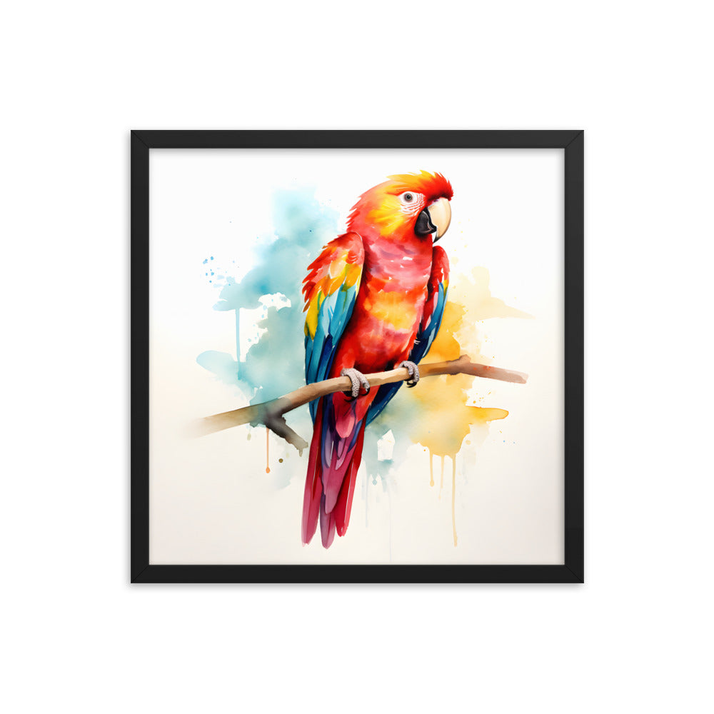 Framed Print Poster Artwork Bright Red Parrot With Rainbow Wings Perched On A Tree Branch Nature Influenced Water Color Painting Style 24x36"