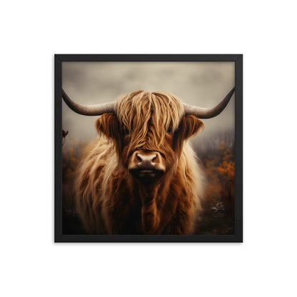 Framed Print Artwork Strong Stunning Dull Dark Gloomy Fierce Fire Highlander Bull Warm Fiery Background Emotional Staring Into The Viewer Captivating Highly Detailed Painting Style Perfect To Warm Up A Homestead Or Country Home Framed Poster 18x18"