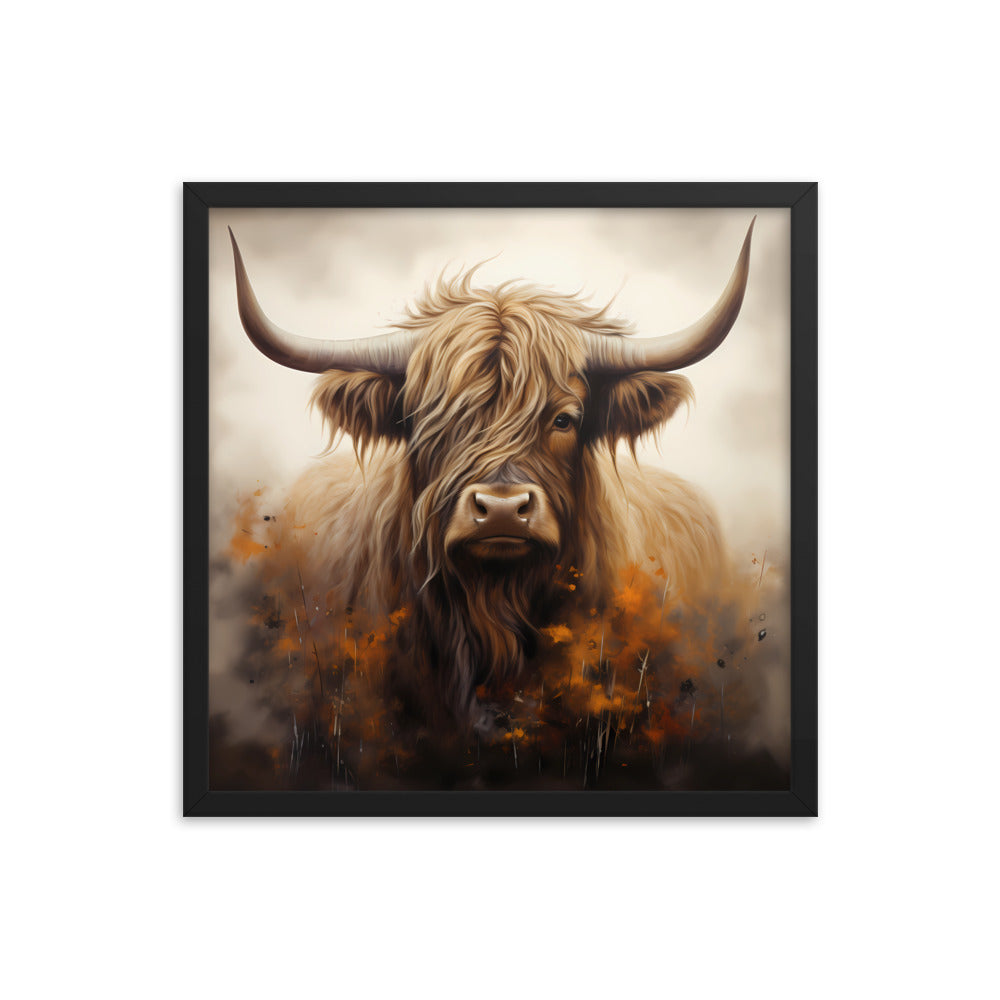 Framed Print Artwork Strong Stunning Highlander Bull Warm Fiery Flames Emotional Stylish Bull Staring Into The Viewer Captivating Highly Detailed Painting Style Perfect To Warm Up A Homestead Or Country Home Framed Poster 18x18"