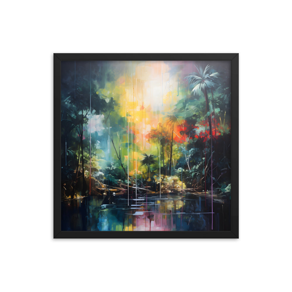 Framed Print Abstract Artwork Bright Vibrant Colorful Rainbow Jungle Behind A Pond Oil Painting Style Abstract Art Framed Poster Nature 18x18"