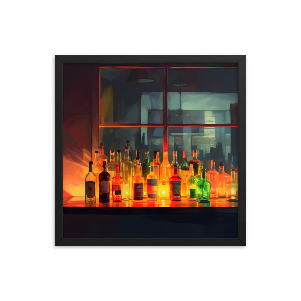 Framed Print Artwork Alcohol Bar Night Life Vibrant Colorful Well Lit Bar With Alcohol Bottles Lined Up Party Drinking Lifestyle Framed Poster 18x18"
