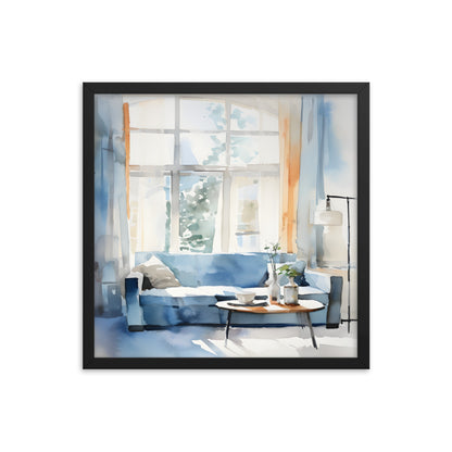 Framed Print Artwork Water Color Style Home Decor Large Windows Sun Lit Room Light Cool Colors Water Color Style Interior Design Lifestyle Framed Poster 18x18"