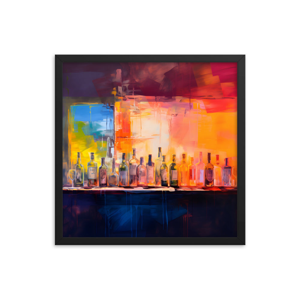 Framed Print Artwork Alcohol Bar Filled With Bottles Of Alcohol Night Life Vibrant Oil Painting Style Colorful Party Drinking Lifestyle Framed Poster 18x18"