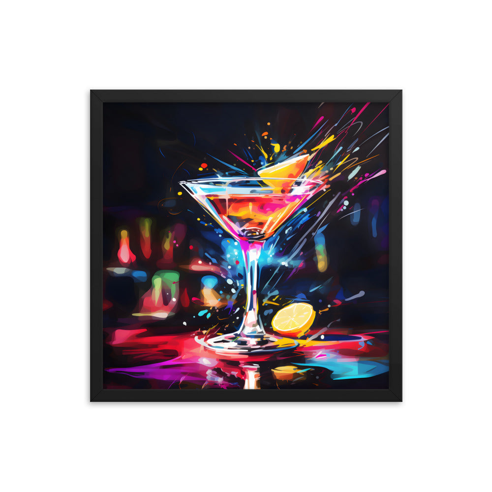 Framed Print Artwork Bar/Night Life Art Bright Neon Splashes Surrounding A Martini Glass Full Of Alcohol Framed Poster Painting Alcohol Art Iced Drink Close Up 18x18"