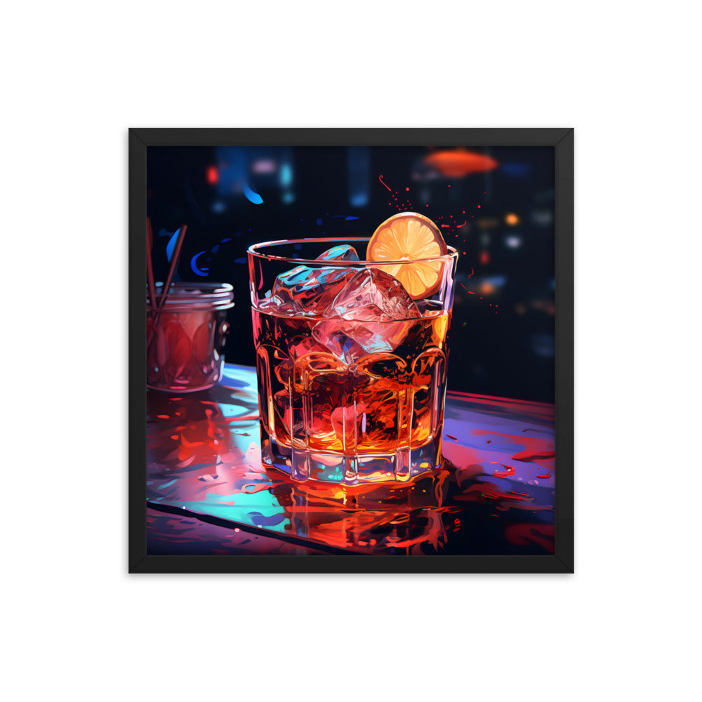 Framed Print Artwork Alcohol And Night Life Bar Art Alcoholic Drink With Ice And Lemon Slice Framed Poster Neon Light Bar Artwork 18x18"