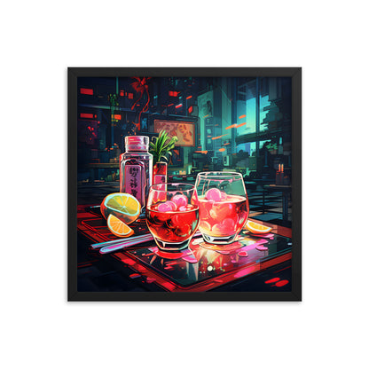 Framed Print Artwork Japanese Manga Style Alcohol And Night Life Bar Art Alcoholic Drink With Ice And Lemon Slice Framed Poster Neon Light Bar Artwork Urban Setting Lifestyle 18x18"