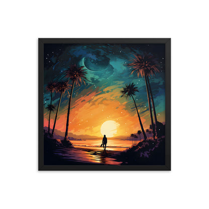 Framed Print Lifestyle/Ocean Side Artwork Smooth Ocean Water Dark Sunset Palm Tree Silhouettes Line The Pathway Large Sun Setting In Line With Perspective Moon Lit Star Filled Night Sky Framed Poster Artwork 18x18"