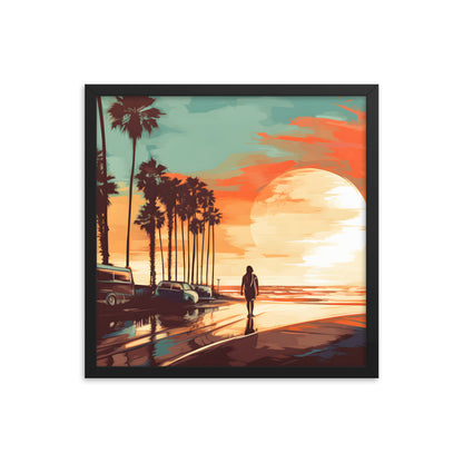 Framed Print artwork sunset watercolor oceanside framed painting Warm Colors Vintage Cars And A Large Sun Setting Into The Horizon Framed Print Artwork 18x18"