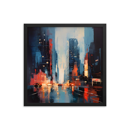Framed Print Abstract Urban Mystique Dense City Art Cars Driving Through City Conversation Starter Framed Poster Busy City Streets People Walking Through A City With Large Buildings 18x18"