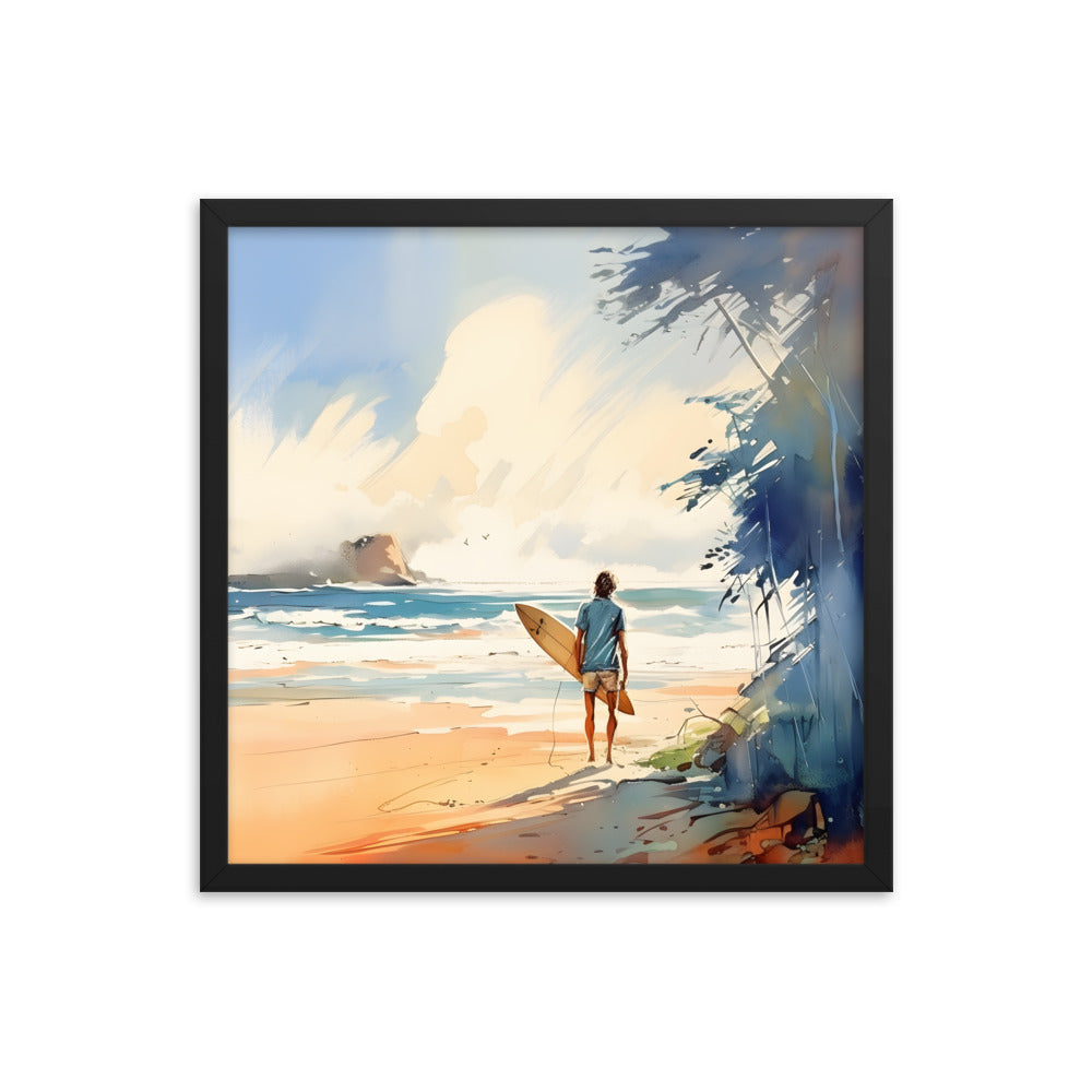 Framed Poster Beach Ocean Lifestyle Watercolor Style Painting Framed Artwork Print Surfer Looking Out For the Perfect Spot 18x18 inch Square