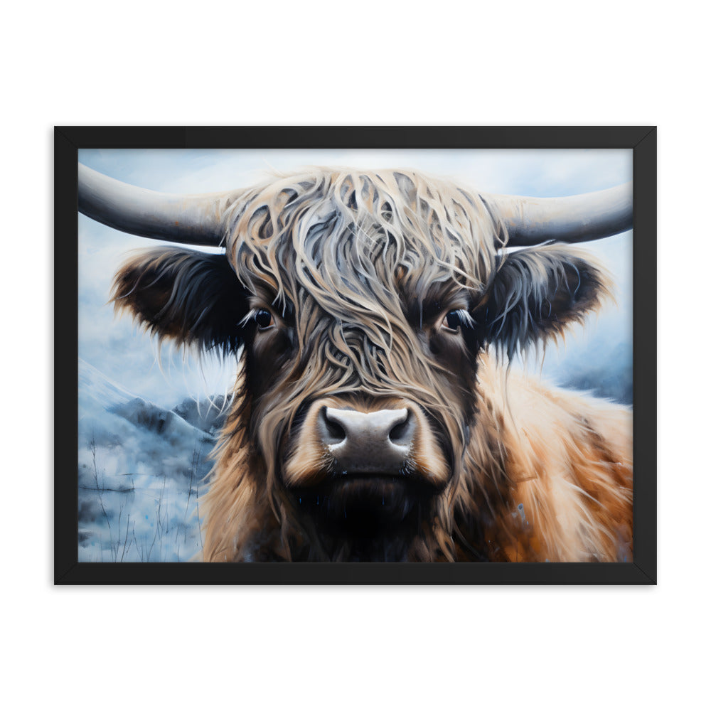 Framed Print Poster Artwork Strong Stunning Highlander Bull Emotional Staring Into The Viewer Captivating Highly Detailed Painting Style 18x24"