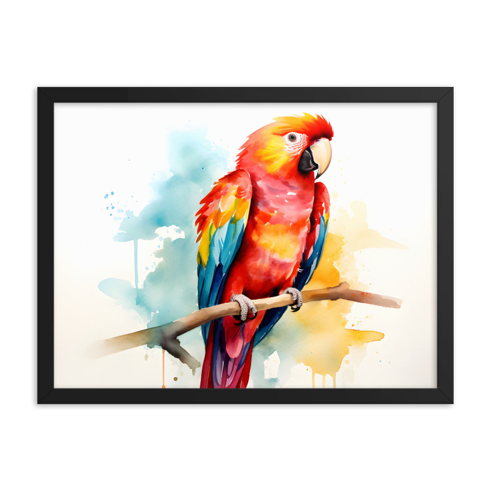 Framed Print Poster Artwork Bright Red Parrot With Rainbow Wings Perched On A Tree Branch Nature Influenced Water Color Painting Style 18x24"