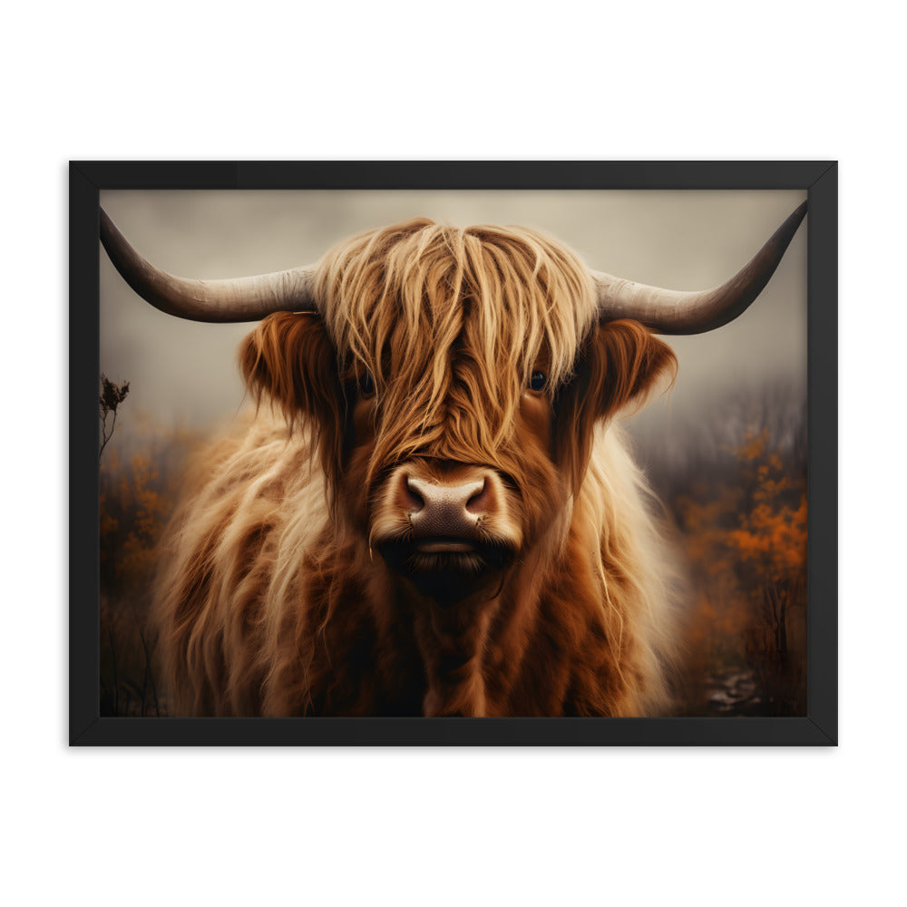 Framed Print Artwork Strong Stunning Dull Dark Gloomy Fierce Fire Highlander Bull Warm Fiery Background Emotional Staring Into The Viewer Captivating Highly Detailed Painting Style Perfect To Warm Up A Homestead Or Country Home Framed Poster 18x24"